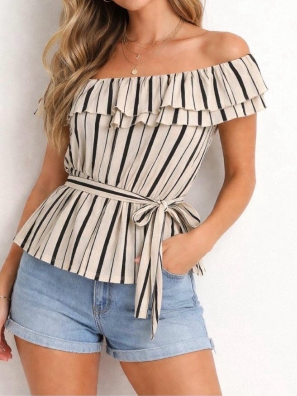 NWT Anthropologie Maeve Rita Black and Cream One Shoulder Ruffle Top Size S